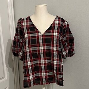 LOFT Plaid V-Neck Blouse in Red and Black